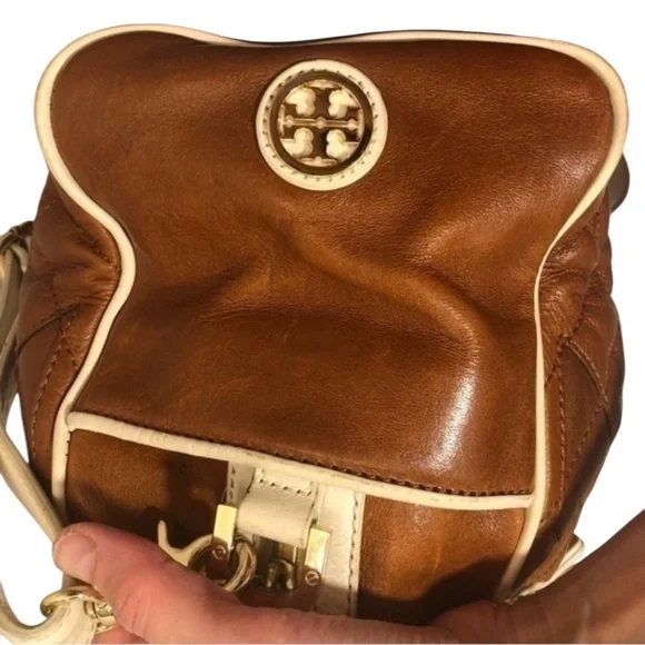 Tory Burch brown quilted leather satchel bag with crossbody strap